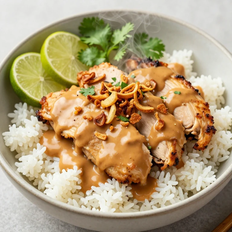 Golden chicken satay over jasmine rice with creamy peanut sauce and crispy shallots