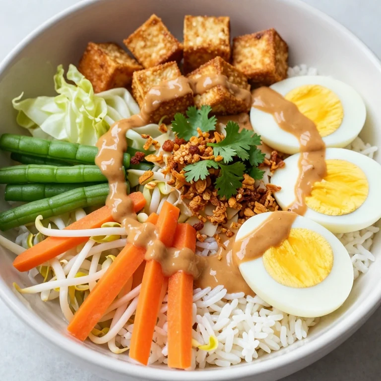 Gado-gado coconut rice bowl with vegetables, tofu, eggs, peanut sauce, and shallots