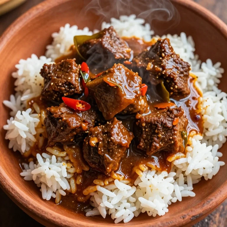 Tender beef rendang with rich spiced sauce over fluffy white rice