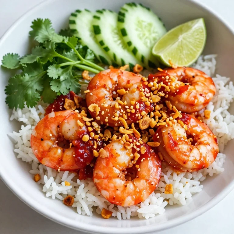 Pink shrimp coated in red sambal with crispy garlic chips over jasmine rice