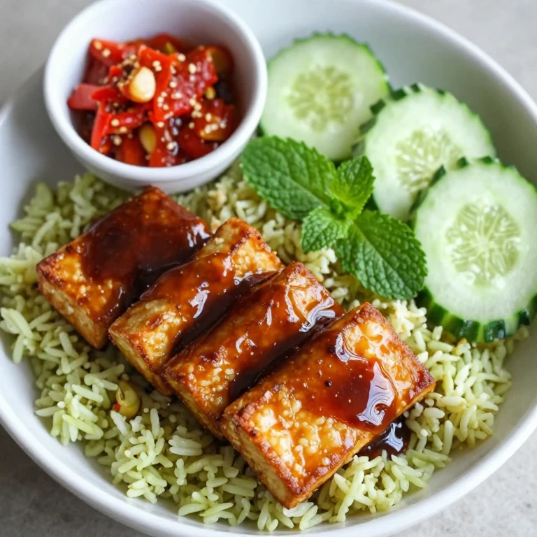Caramelized tempeh with glossy kecap manis glaze over jasmine rice with cucumber