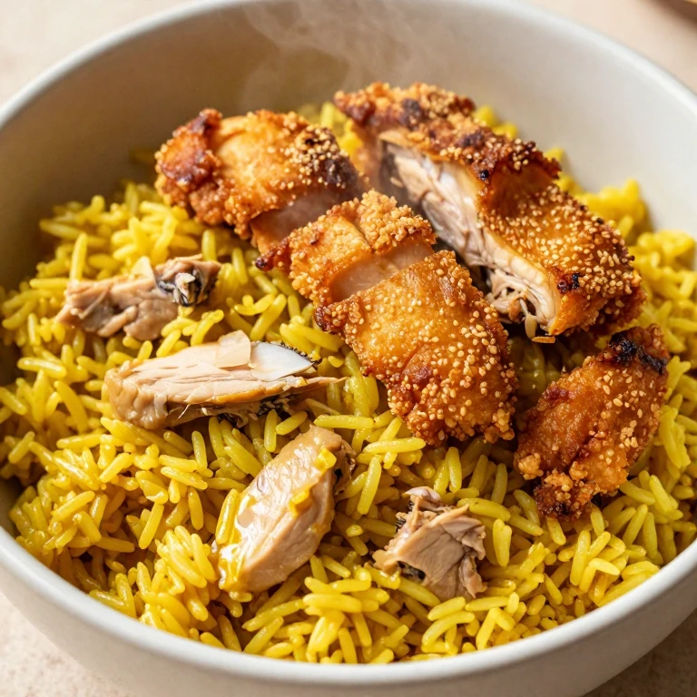 Crispy chicken skin over golden turmeric-coconut rice in one-pot presentation