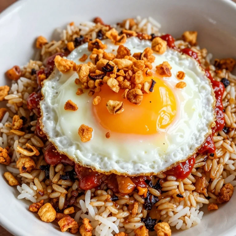 Wok-tossed rice with crispy shallots, glossy fried eggs, and kecap manis glaze