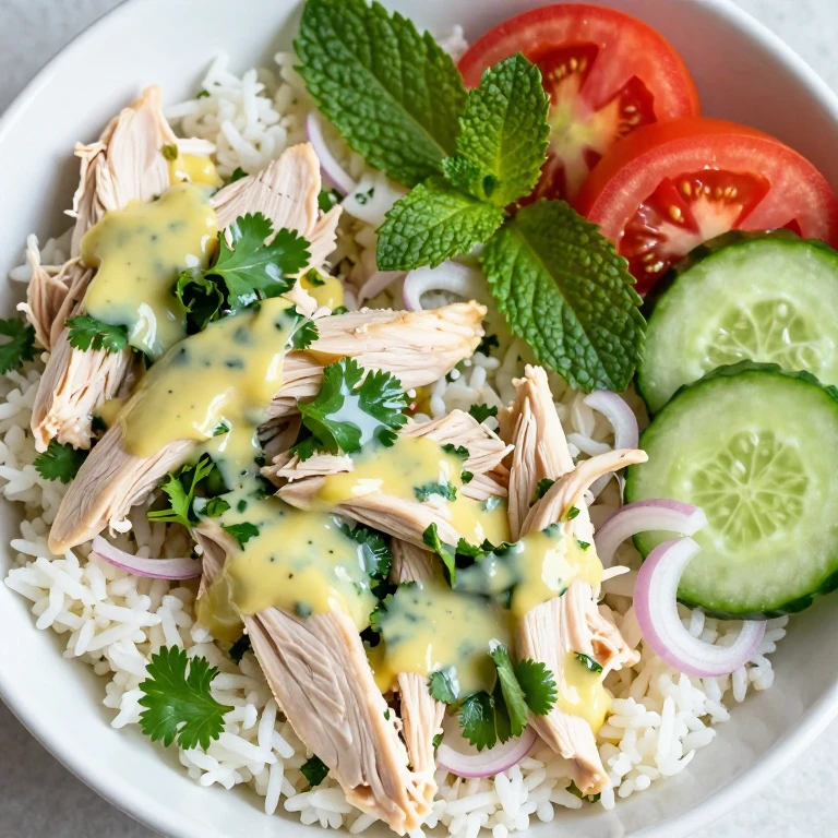 Shredded chicken with fresh herbs and lime dressing over jasmine rice