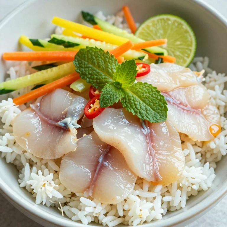 Lime-cured white fish with pickled vegetables and fresh herbs over jasmine rice