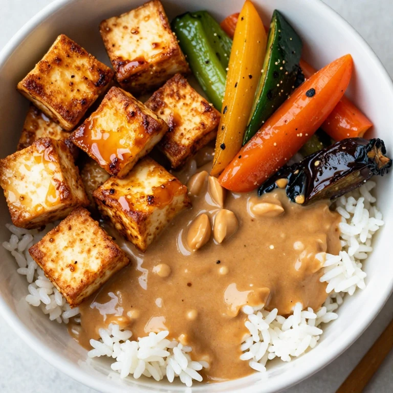 Crispy roasted tofu and vegetables with creamy peanut sauce over jasmine rice