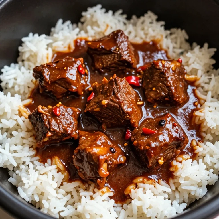Tender slow-cooked beef rendang in thick spiced sauce over white rice