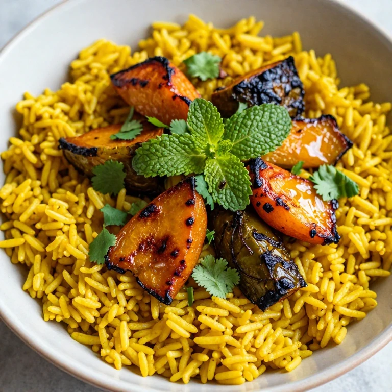 Golden turmeric-coconut rice with roasted vegetables and fresh herb drizzle