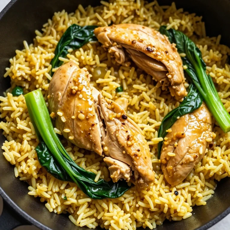 Tender chicken and wilted greens in creamy coconut rice with ginger-garlic flavor
