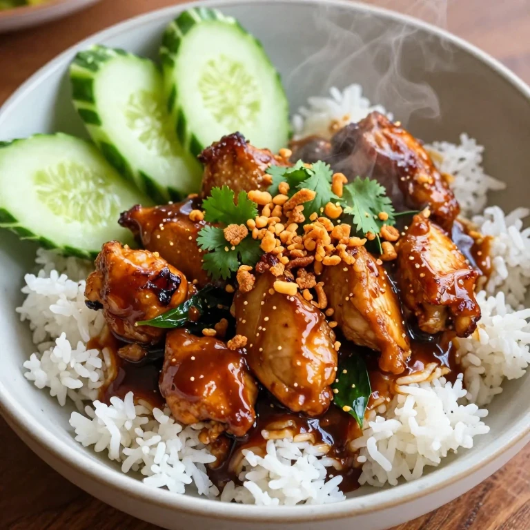 Kecap manis chicken with crispy shallots over coconut rice, garnished with cilantro and cucumber