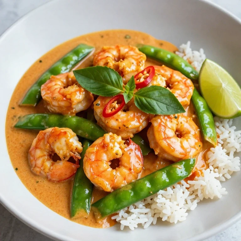 Coconut curry shrimp with snap peas over jasmine rice, garnished with Thai basil and chilies