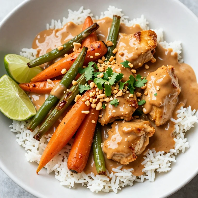 Peanut sauce chicken with roasted vegetables over coconut rice, garnished with cilantro and peanuts