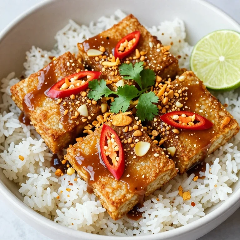 Tempeh with garlic and chilies over jasmine rice, topped with fried shallots and cilantro
