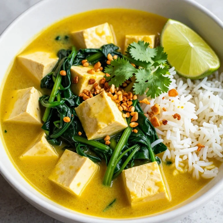 Tofu in turmeric-coconut broth with greens over jasmine rice, topped with fried shallots and cilantro