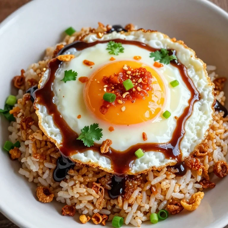 Five-minute sambal egg with crispy rice, drizzled with sambal and kecap manis, garnished with shallots
