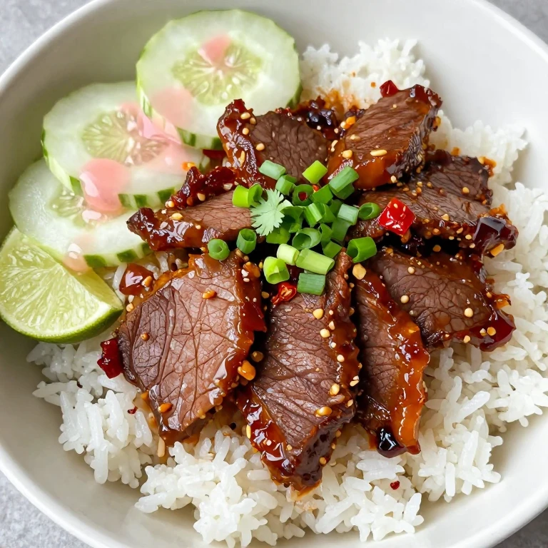 Garlic-chili beef with pickled cucumber over jasmine rice, garnished with green onions and cilantro