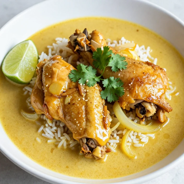 Braised chicken thighs with ginger and turmeric over coconut rice, garnished with cilantro and lime