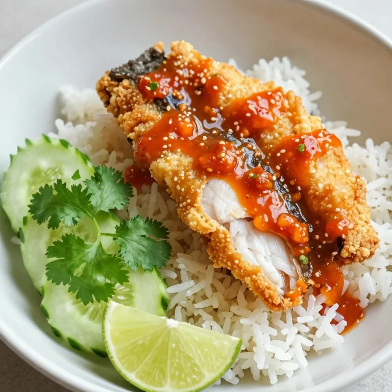 Crispy fish collar with lime-sambal dressing over jasmine rice, garnished with cucumber and cilantro