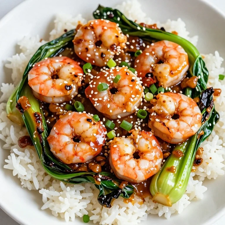 Garlic shrimp stir-fry with bok choy over jasmine rice, topped with sesame seeds and green onions