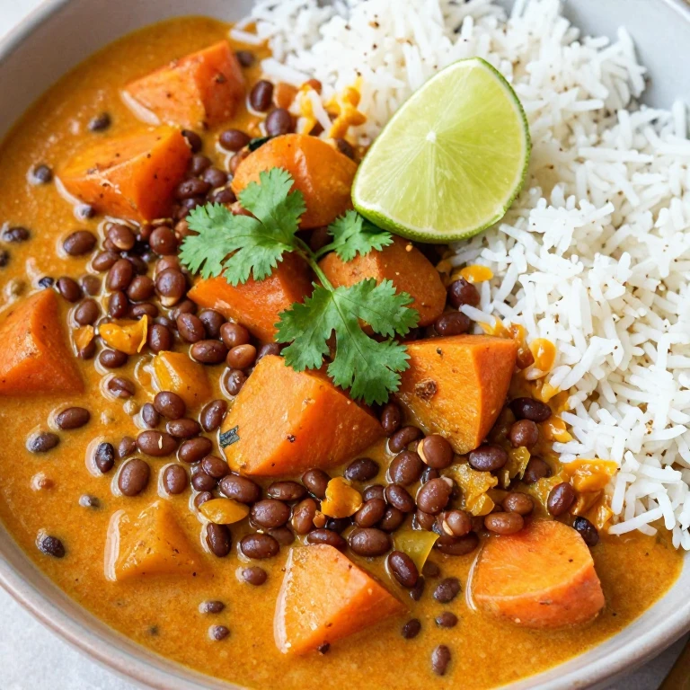 Lentil and vegetable curry with coconut rice, garnished with cilantro and lime wedge