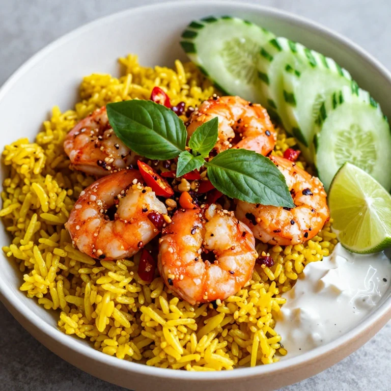 Pink shrimp with sambal oelek over turmeric coconut rice with fresh basil and cucumber