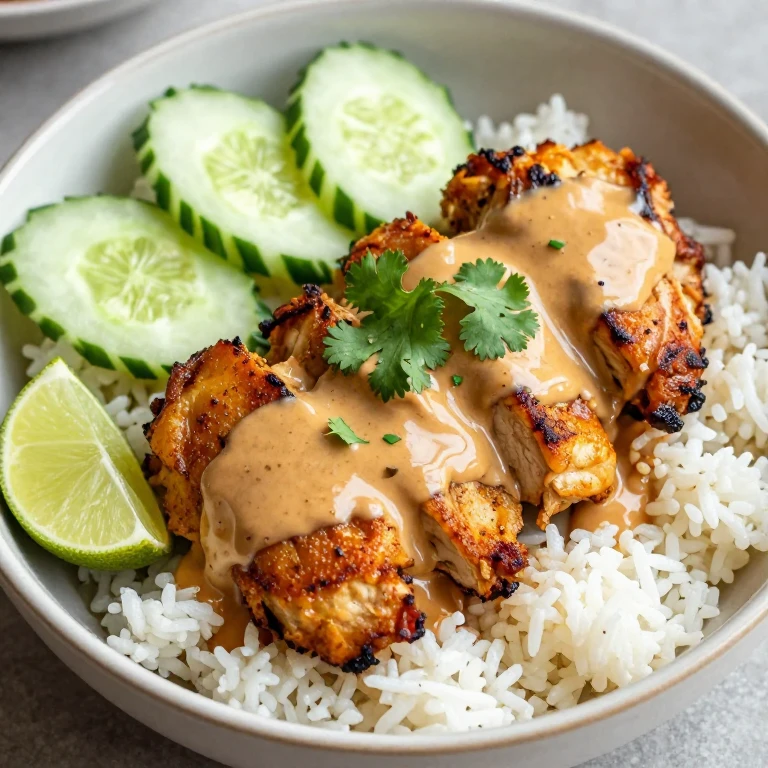 Golden satay chicken with creamy peanut sauce over jasmine rice bowl with fresh cilantro and cucumber