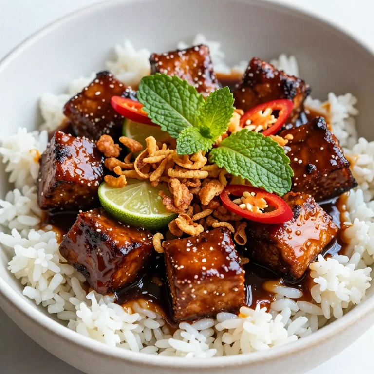 Glossy glazed tempeh with crispy shallots over jasmine rice, fresh mint and red chili garnish