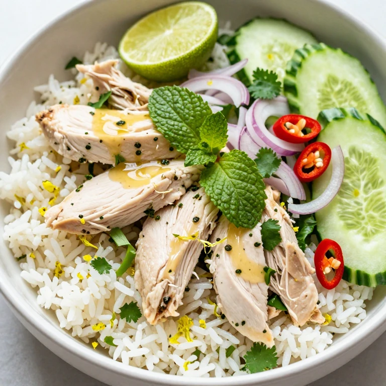 Shredded lime chicken over jasmine rice with fresh Thai herbs, shallots, and cucumber slices