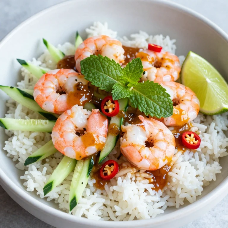 Pink shrimp with shrimp paste sauce over jasmine rice, fresh herbs, and shredded cucumber