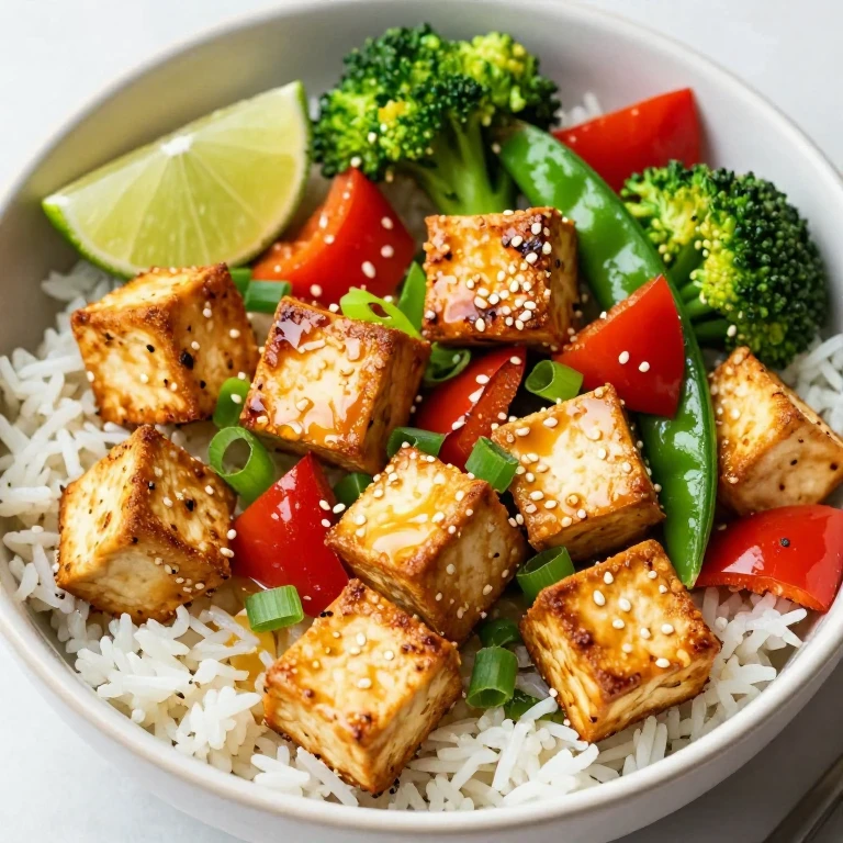 Crispy roasted tofu with vegetables and sesame glaze over jasmine rice, sesame seeds garnish
