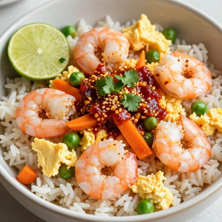 Nasi goreng with shrimp, eggs, and mixed vegetables, sambal oelek glaze, cilantro garnish
