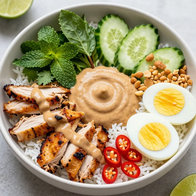 Meal prep satay bowl with shredded chicken, peanut sauce, fresh herbs, eggs, and peanuts