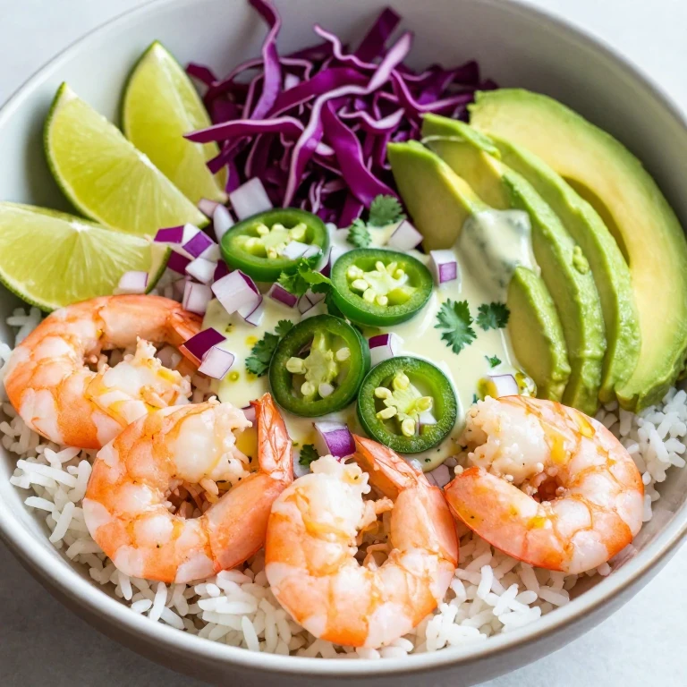 Cilantro-lime shrimp bowl with avocado, cabbage, and lime dressing