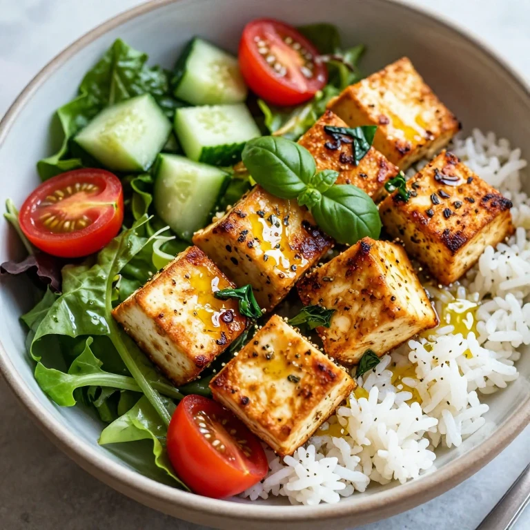 Herb-roasted tofu bowl with crispy tofu, greens, tomatoes, and basil