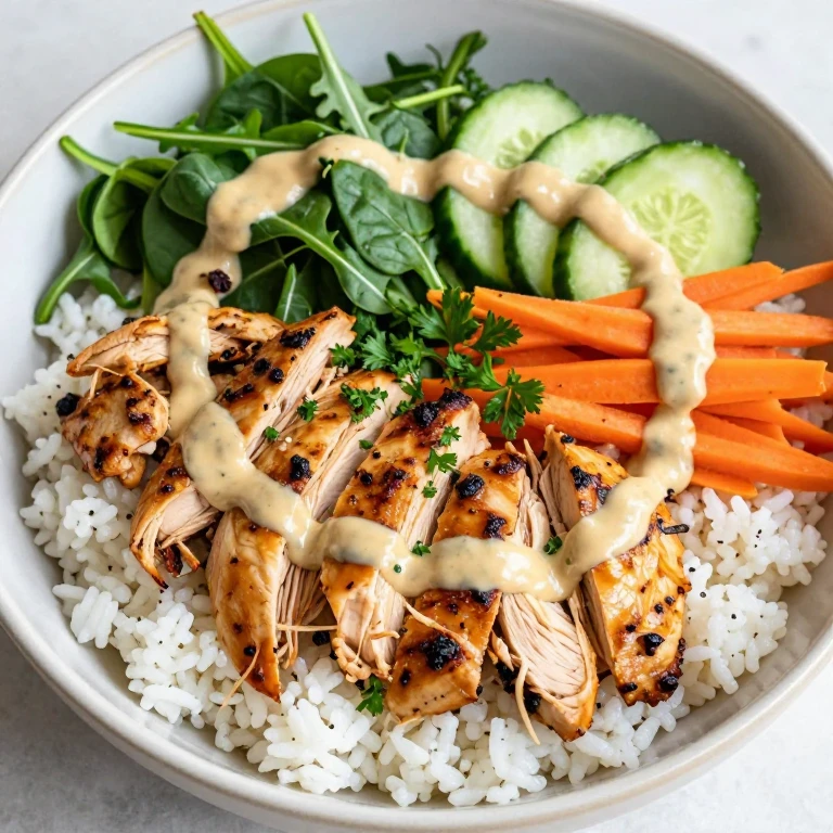 Lemon-tahini chicken bowl with rice, greens, and creamy sauce