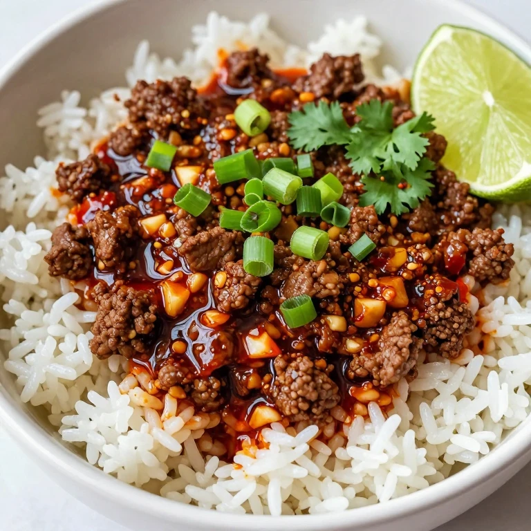 Seasoned ground beef with chili oil drizzle over jasmine rice, green onions and cilantro