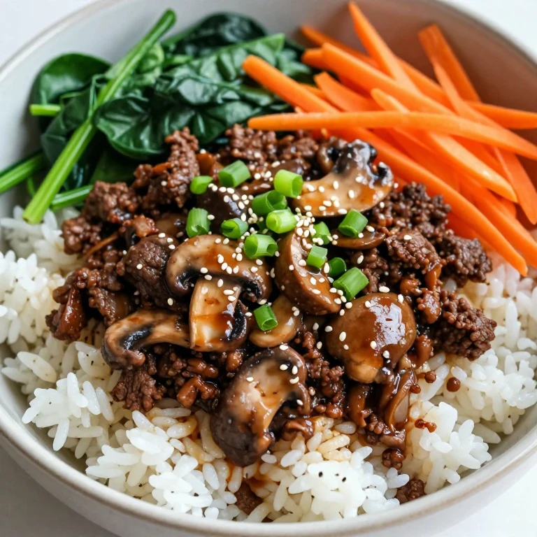 Beef and mushroom bowl with garlic-soy glaze, spinach, and sesame seeds