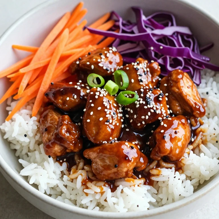 Teriyaki chicken bowl with glazed chicken, carrots, cabbage, and sesame