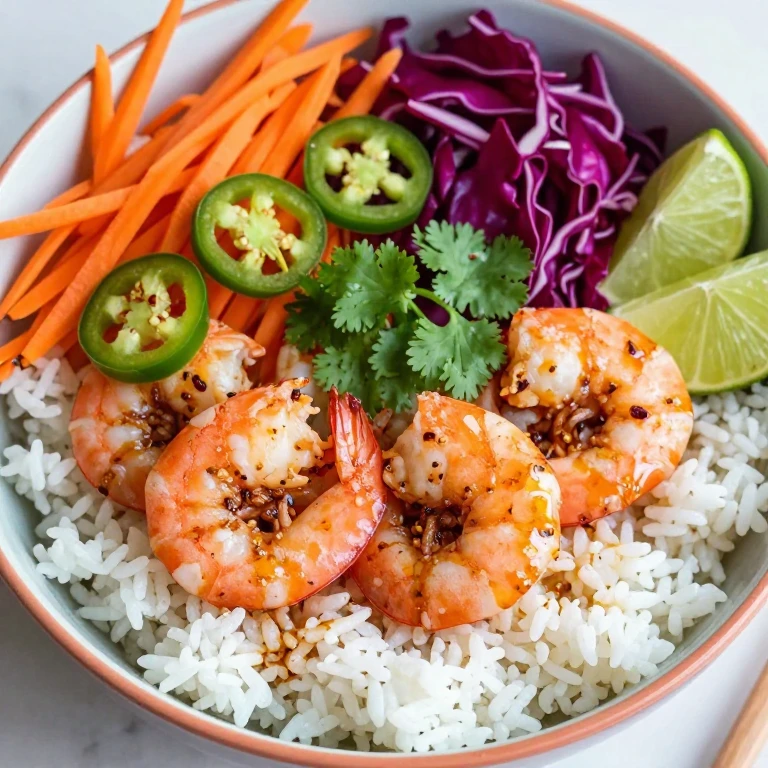 Chili-garlic shrimp bowl with carrots, cabbage, jalapeño, and cilantro