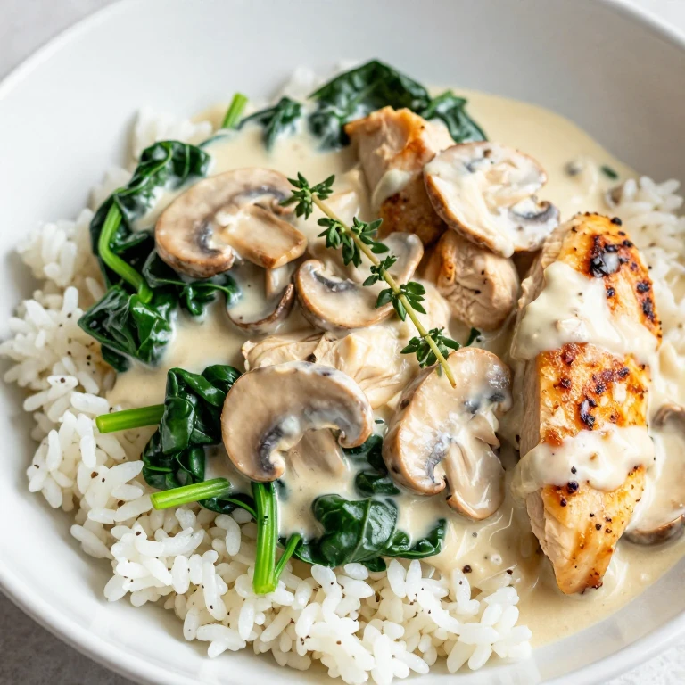 Creamy garlic parmesan chicken bowl with spinach, mushrooms, and thyme