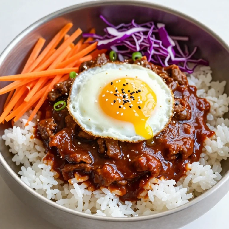 Korean gochujang beef bowl with carrots, cabbage, sesame, and fried egg
