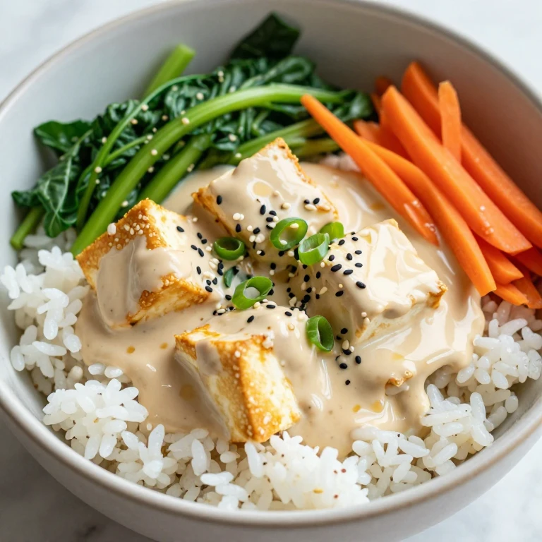 Sesame-ginger tofu cream bowl with bok choy, carrots, and sesame seeds