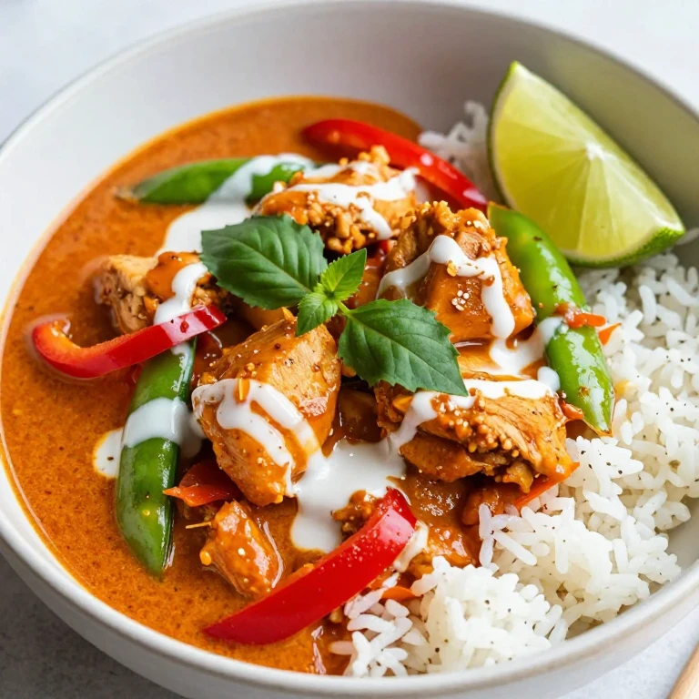 Thai red curry chicken bowl with bell pepper, snap peas, basil, and lime