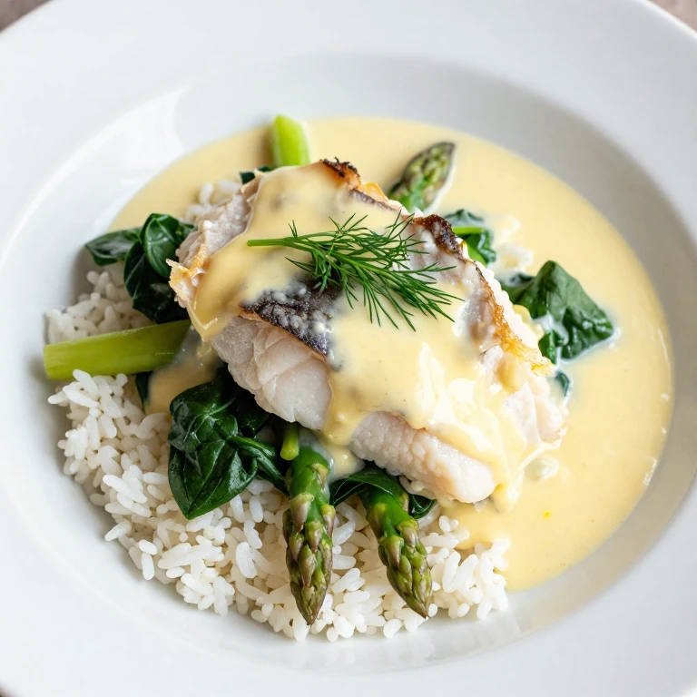 Butter-poached cod bowl with spinach, asparagus, lemon cream sauce, and dill