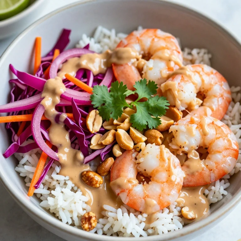 Peanut-lime shrimp bowl with pickled onions and cilantro