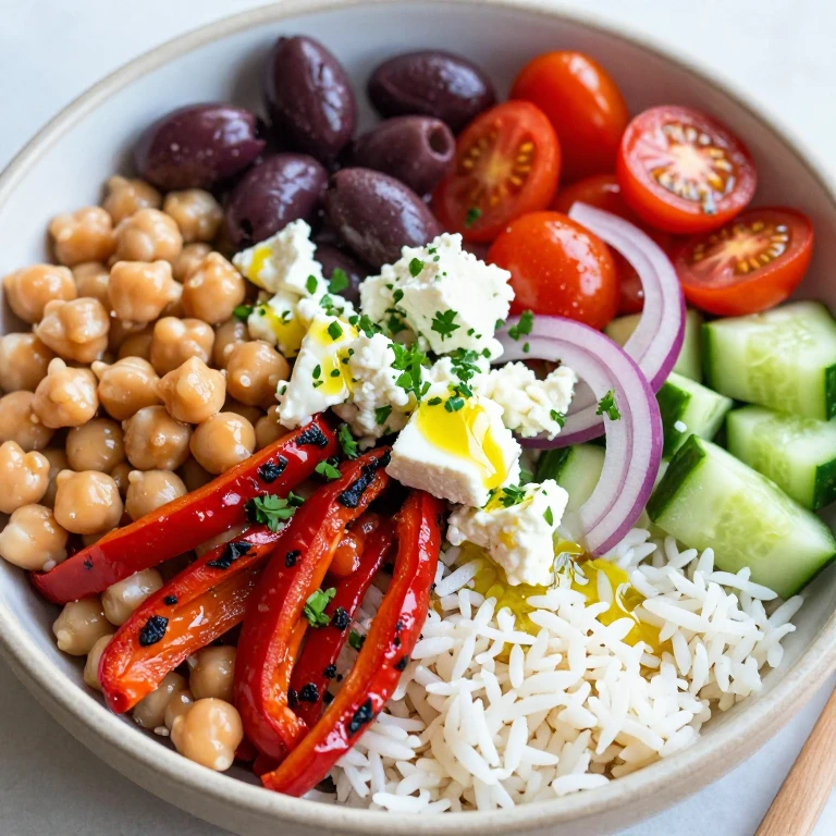 Mediterranean chickpea feta bowl with olives and fresh parsley