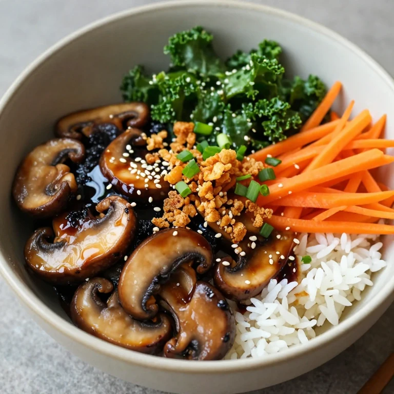 Black garlic mushroom bowl with crispy shallots and sesame