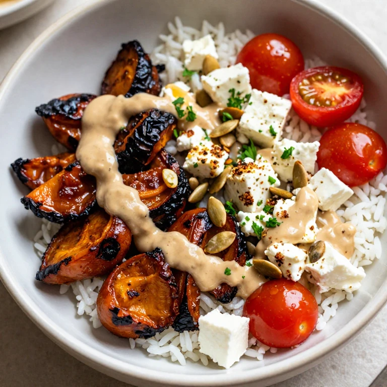 Harissa roasted vegetable bowl with feta and tahini sauce