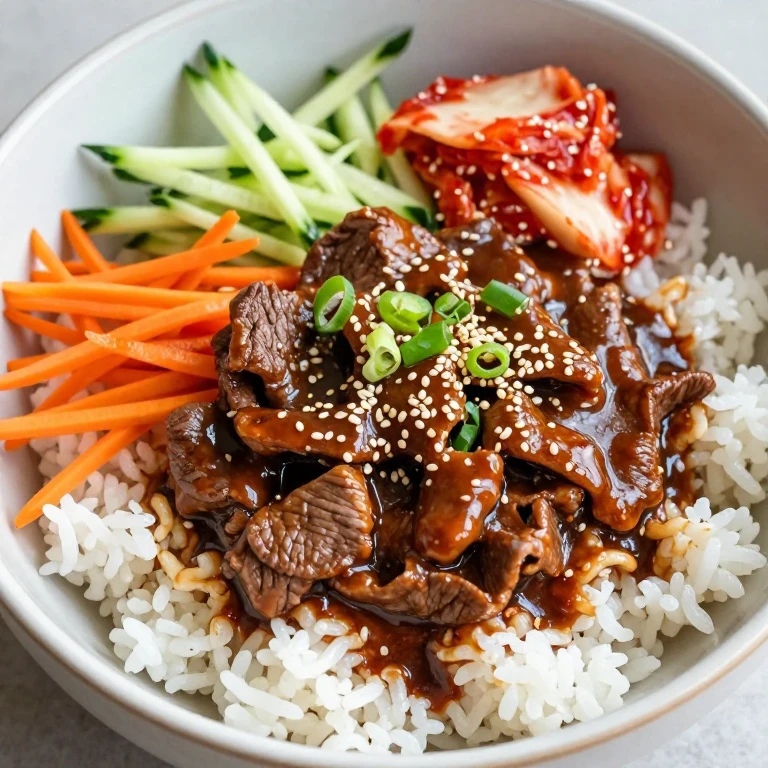 Korean beef bulgogi bowl with kimchi and sesame seeds