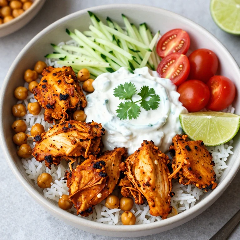 Tandoori chicken bowl with raita sauce and crispy chickpeas